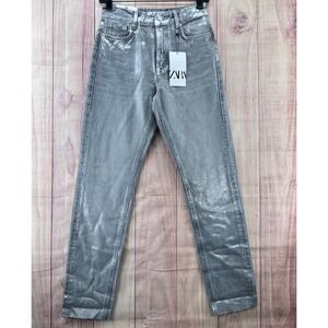 ZARA‎ Metallic Slim Fit Mid Rise Jeans Silver Women Size 2 34